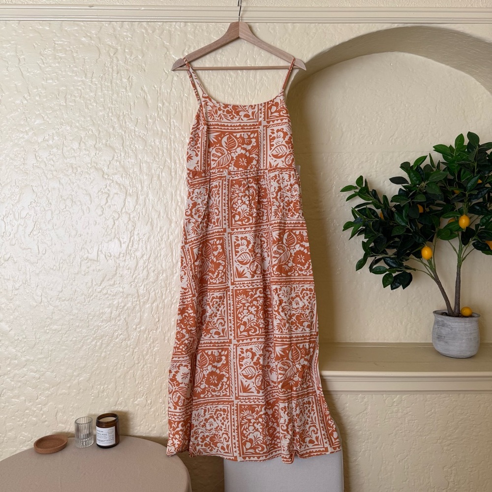 Rust Tile-Print Spaghetti Strap Maxi Dress
